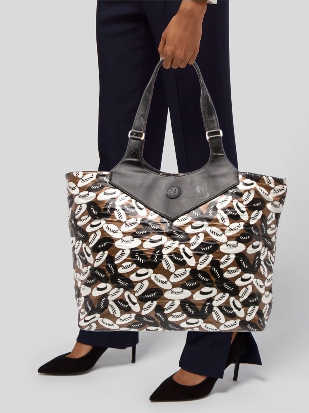 Fendi Black, Brown & White Patterned Patent Tote
